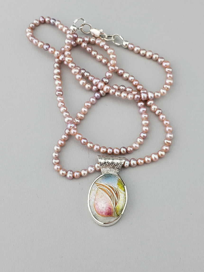 Delicate, Dainty and Feminine Rosebud enamel pendant charm on pink fresh water pearl necklace, set in Sterling and Fine Silver, Pink Pendant, Soft Pink Necklace