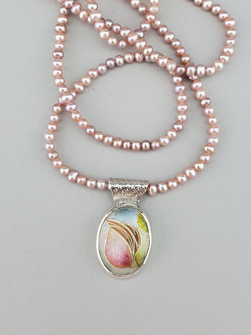 Delicate, Dainty and Feminine Rosebud enamel pendant charm on pink fresh water pearl necklace, set in Sterling and Fine Silver, Pink Pendant, Soft Pink Necklace