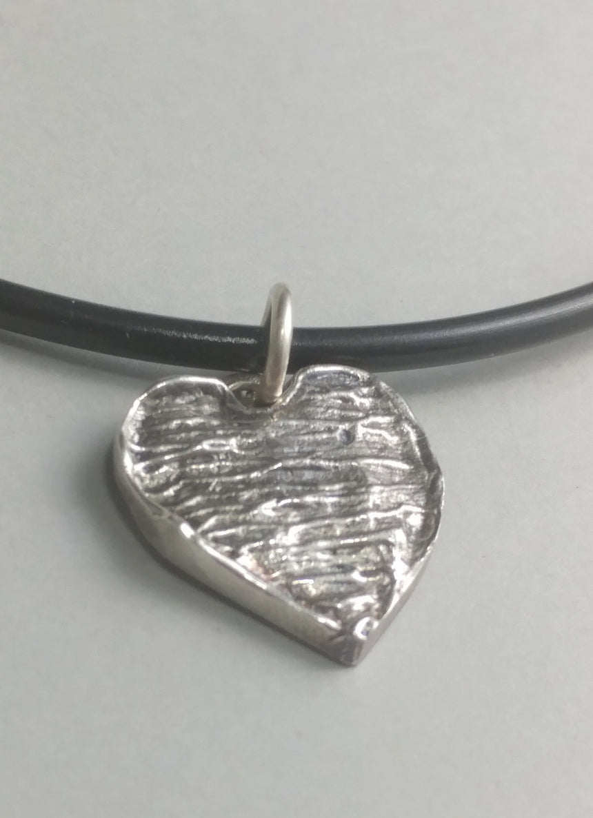 Recycled Silver Heart Ridged Pendant on Rubber Cord with Silver Clasp