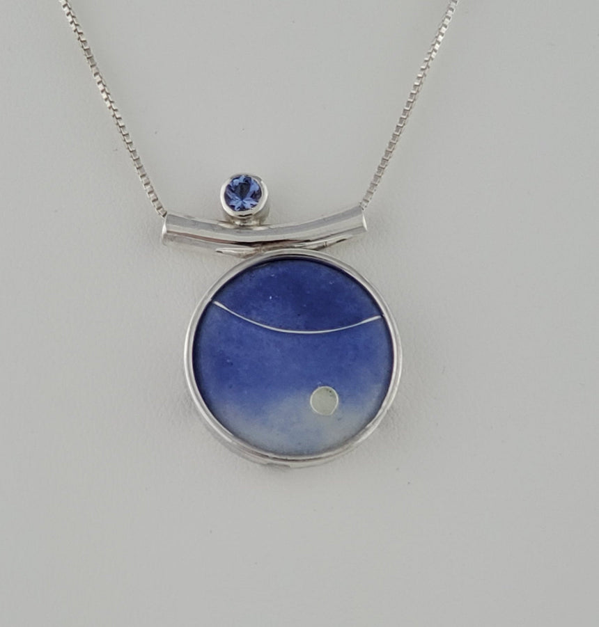 Tanzanite Enamel Pendant accented with a 4mm Tanzanite Stone on a Silver Box Chain, Set in Sterling and Fine silver, Delicate and Ethereal