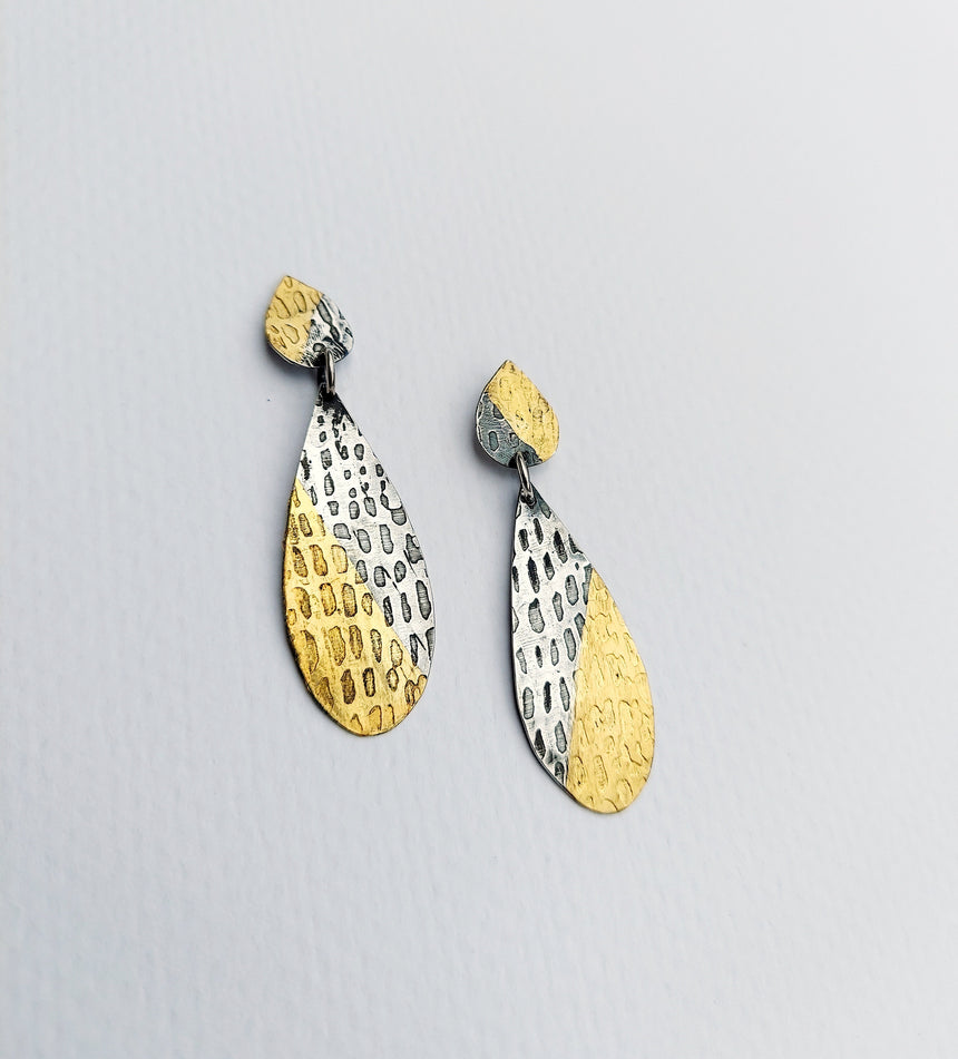 Textured, Patinaed Silver Earrings with Gold Keum Boo, Lightweight, High Fashion, Handmade Silver Earrings