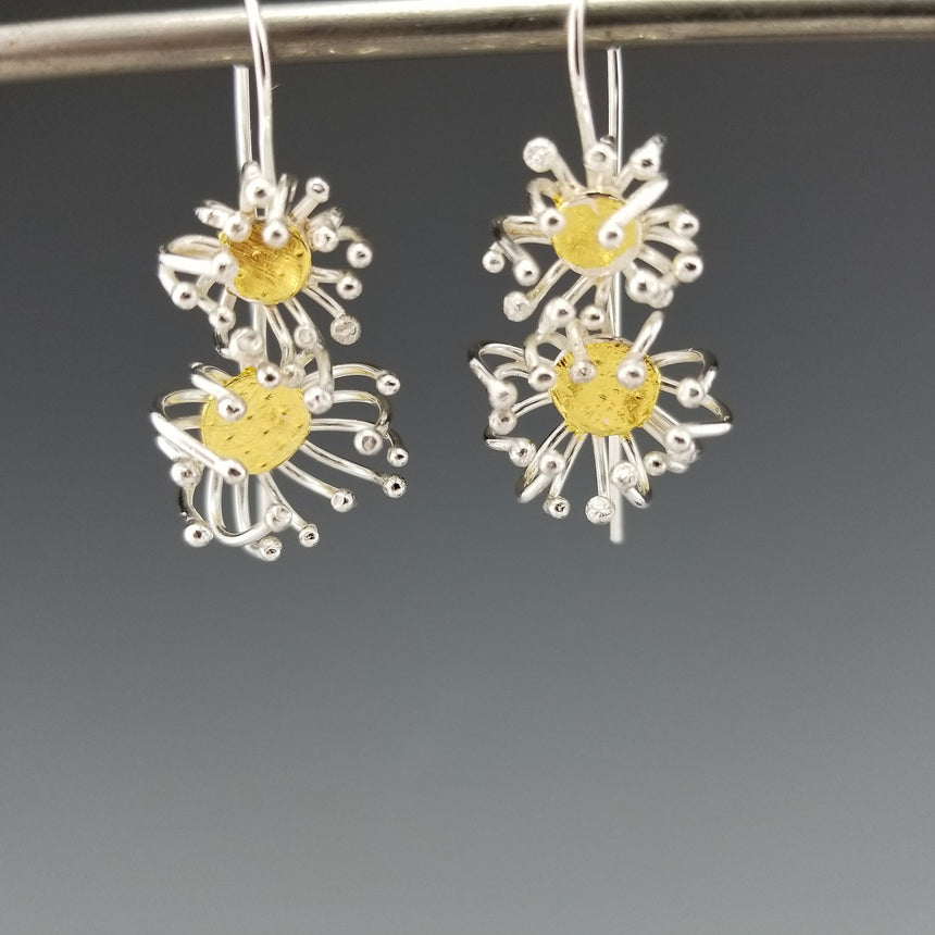 Double Chrysanthemum Fine Silver Earrings with Gold Keum Boo, Lightweight, Flower Earrings, Handmade Silver Earrings