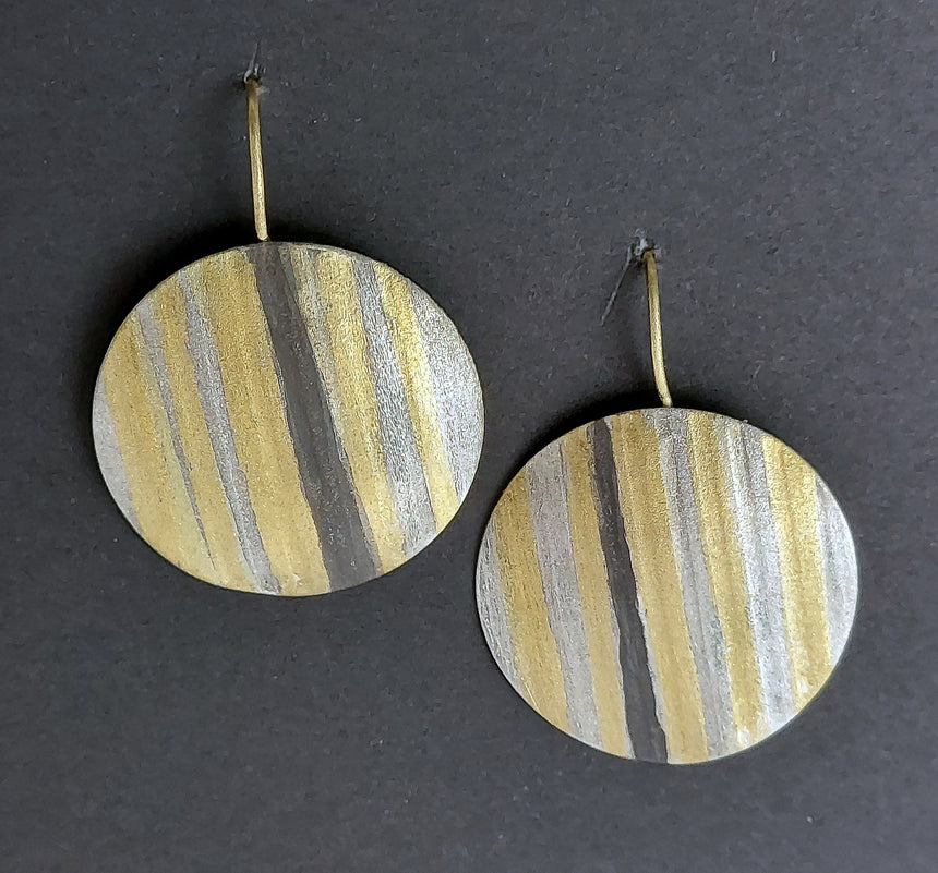 Silver,Gold and Black Patina Striped Earrings, Disk Earrings, Multi-color metal earrings
