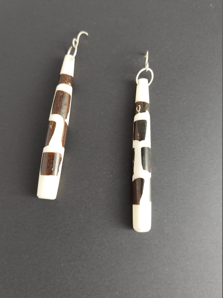 Minimalist carved white with dark tribal pattern earrings, Summer earrings, Handmade earrings, sterling silver wires