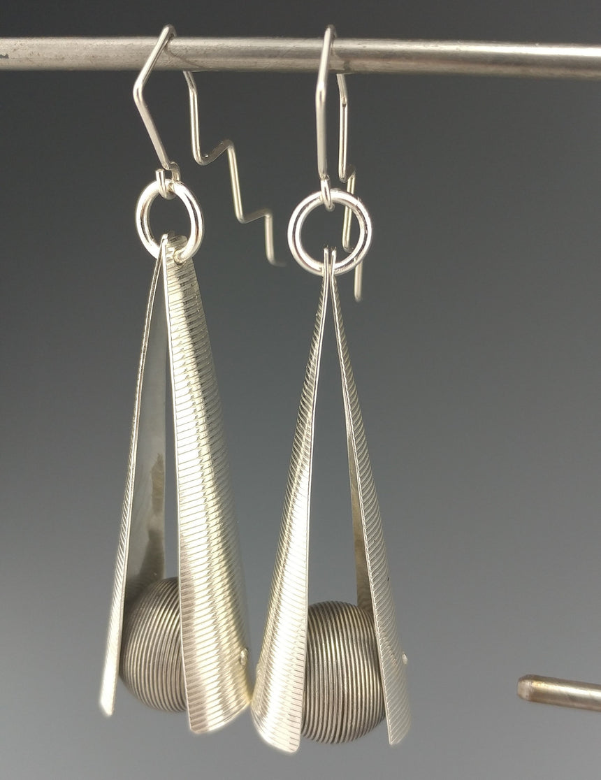 Fine Ridge Textured Silver Earrings with Ridged Silver Ball, Fashion Earrings, Handmade Silver Earrings